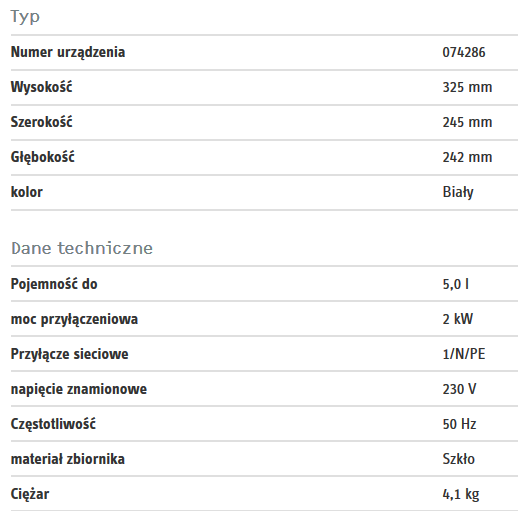 Dane techniczne i wymiary EBK 5 G